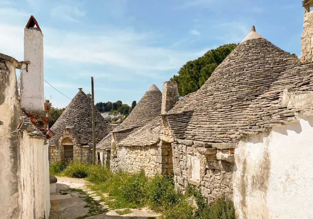 Ruelle déserte d'Alberobello dans la lumière rasante du petit matin, toits coniques en alignement parfait avec leurs symboles peints à la chaux, Pouilles