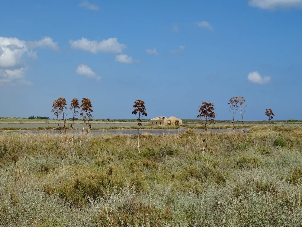 Tour et lagune de la Casa della Salina dans la réserve naturelle de Vendicari, Sicile orientale, août