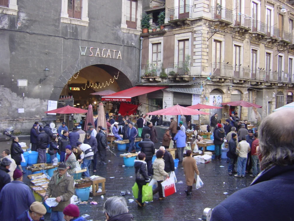 Étals de thons rouges et d'espadons entiers au marché aux poissons de Catane, la Pescheria, sous les bâches colorées