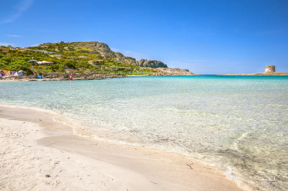 Plage de La Pelosa à Stintino, eau turquoise sur fond de sable blanc et tour aragonaise, nord-ouest Sardaigne