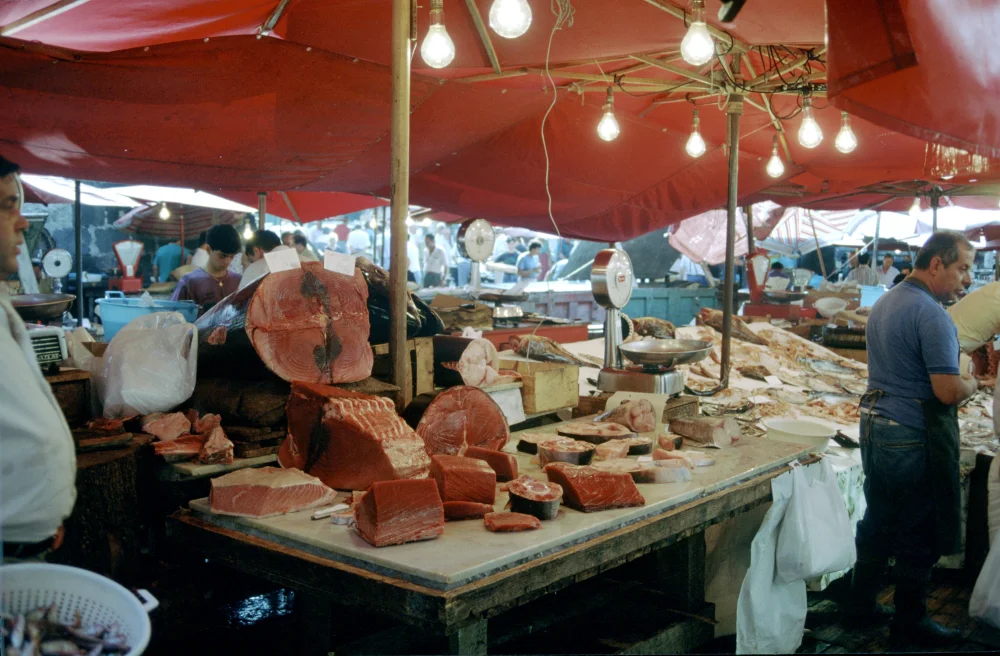 Étals de poissons frais et glace pilée au marché de la Pescheria de Catane, Sicile, première étape de Visiter Catane en 4 jours