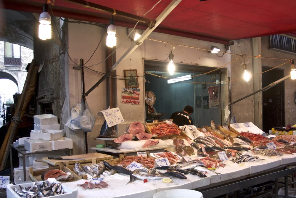 Étal de poissons frais au marché du Capo à Palerme, Sicile, en hiver