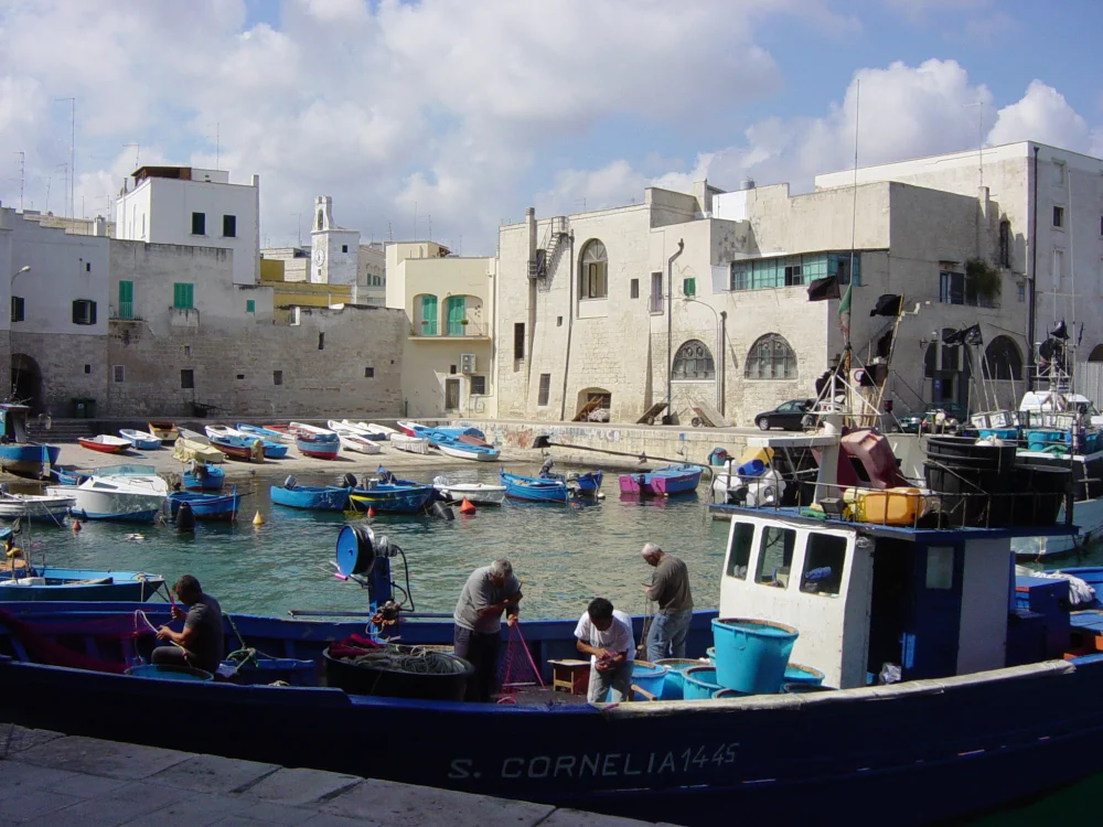Vieux port de Monopoli au lever du jour, barques traditionnelles bleues et rouges devant le château, Pouilles