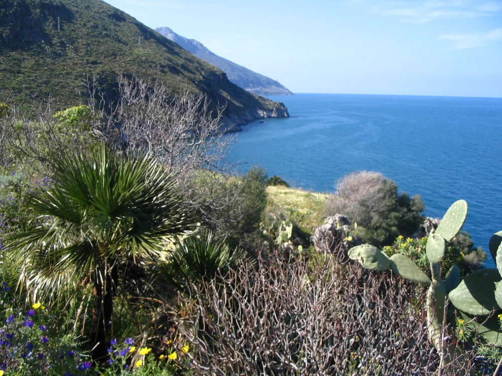 Sentier côtier de la réserve naturelle du Zingaro avec végétation méditerranéenne et criques, Sicile nord-ouest