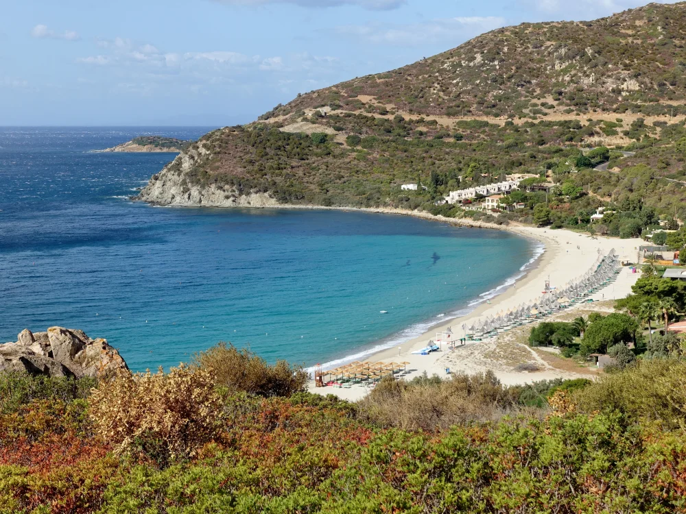 Eaux calmes et sable fin de la plage de Campus encadrée de roselières, Villasimius, Sardaigne