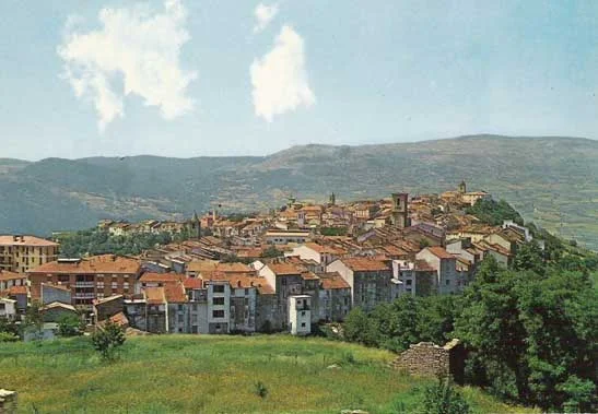 Panorama d'Agnone perché sur la crête au-dessus de la vallée du Verrino, Molise