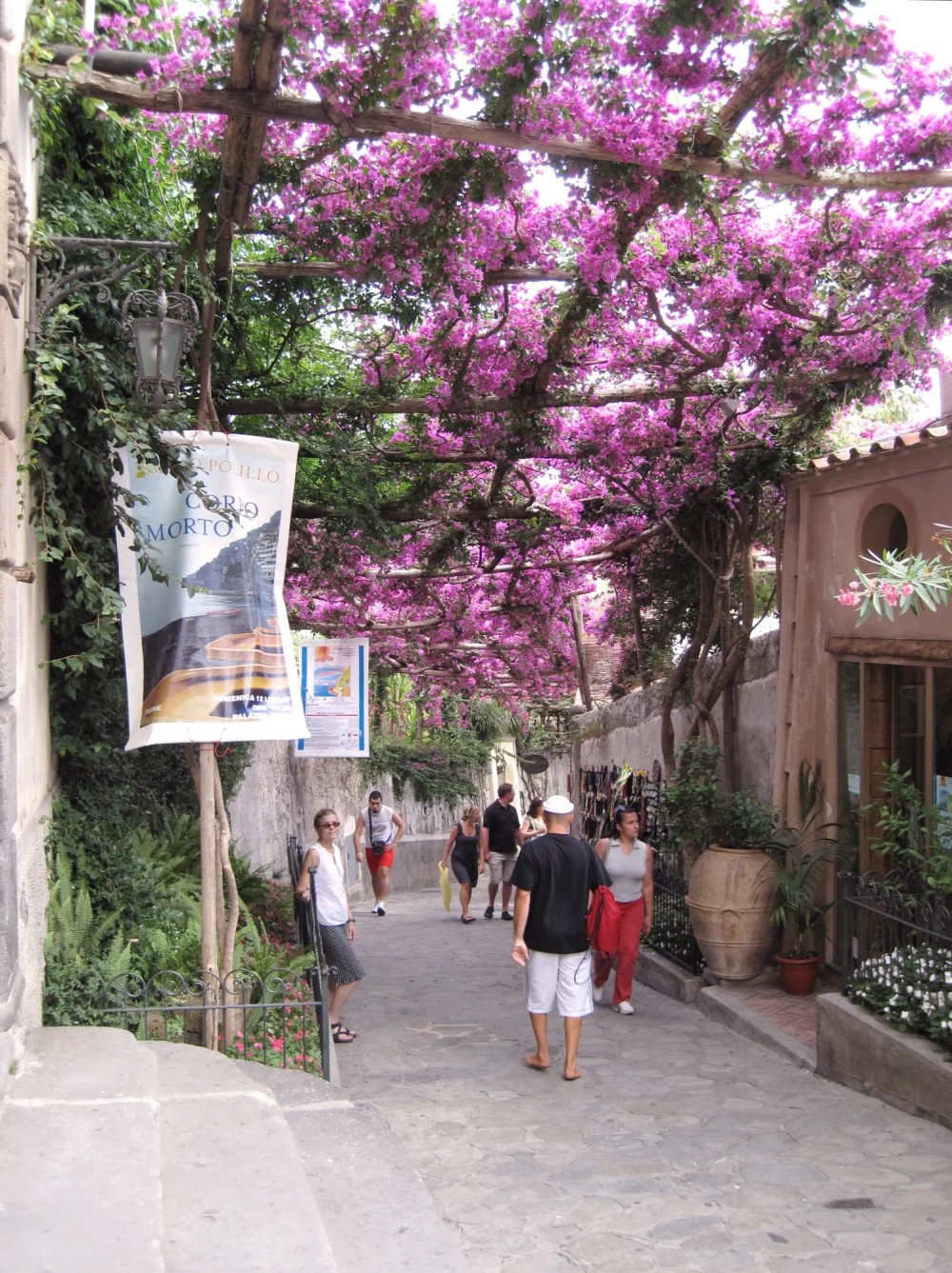 Escalier étroit de Positano bordé de murs blancs et de bougainvilliers fuchsia, Côte Amalfitaine