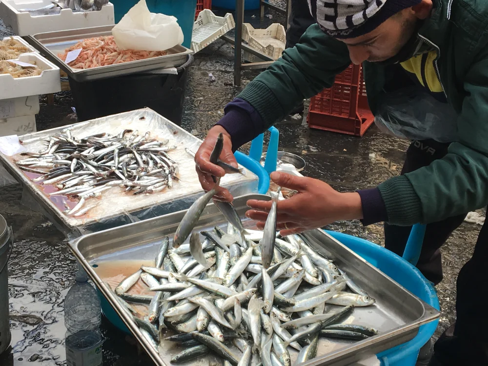 Étals de poissons à la Pescheria de Catane, la Piscaria